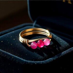 Sz 8.5 ~ Sexy & Slim Pink Agate Beaded Handmade Ring! Sturdy Every Day Wear!